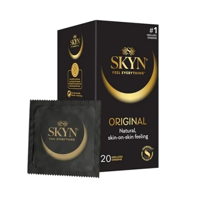 Image of SKYN Original Condoms Pack of 20 SKYNFEEL Latex Free for Men, Regular Size Condoms, Strong &amp; Thin Smooth Straight Shape, Lubricated, 53mm Wide