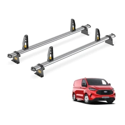 Image of Van Guard Roof Rack for Ford Transit Custom (2024+) 2 Steel Bars + Loadstops [Only Fits New Models with Barn Doors] Ulti Bar Trade SB348 2/VGLS