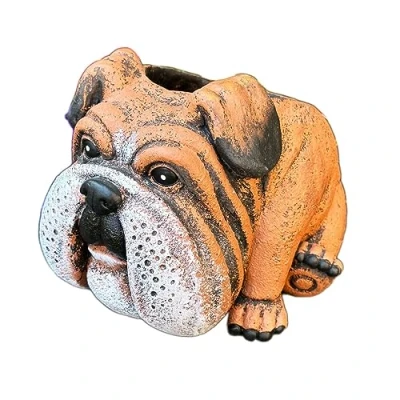 Image of Darthome English Bulldog Planter 20cm Brown Cement Sitting Puppy Dog Heavy Garden Plant Pot