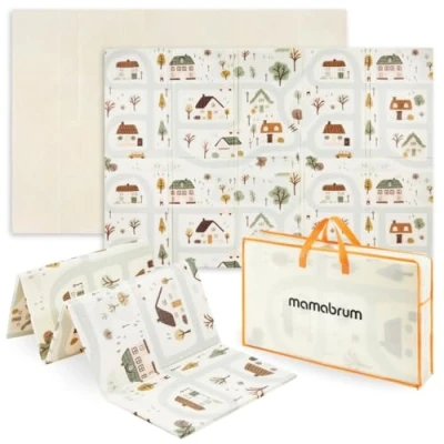 Image of Mamabrum Children&#039;s Mat, Double Sided Foam Foldable 180 x 120 1 cm, Floor mat for Learning to Shout, Play Babies Cute City/Sand Beige