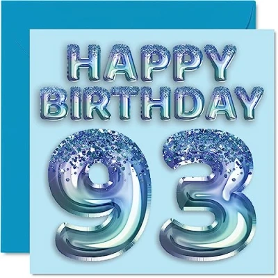 Image of 93rd Birthday Card for Men Blue Glitter Party Balloon Happy Cards 93 Year Old Man Great Grandpa Grandad Dad Gran, 145mm x Ninety Three Third Greeting Gift