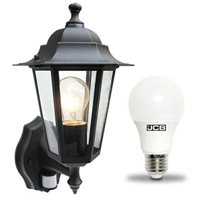 Image of Dependable Trading LTD Traditional 6 Sided garden/porch outdoor coach wall lantern IP44 (Black + Motion Sensor LED)