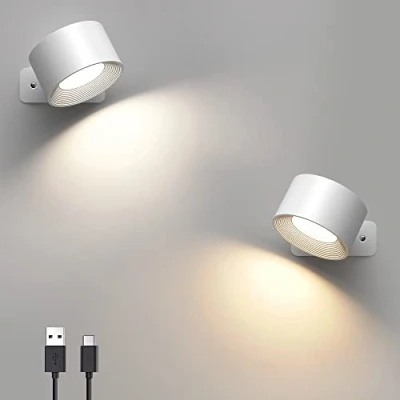 Image of Mexllex 2Pack LED Wall Light Indoor, Rechargeable 360Rotatable Touch Control Lamps, 3 Brightness Levels Color Modes, Wireless Mounted, Reading Lights for Bedroom Bedside Lamp White