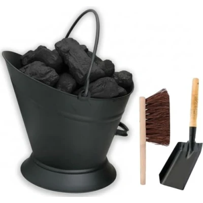 Image of Almineez Vintage Style Large Fireside Waterloo Coal Bucket With Shovel &amp; Brush Scuttle Hod Fire Wood Burner, Log Holder Kindling BBQ Barbecue Firepit
