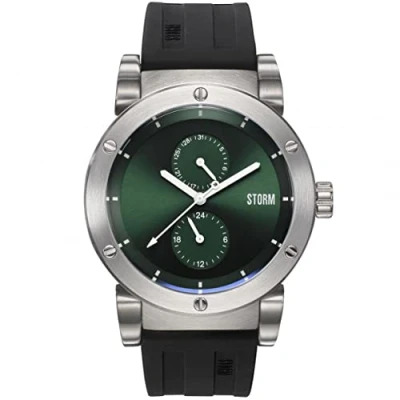 Image of STORM HYDRON V2 Rubber Green Men&#039;s Multifunction Watch (Date and 24hr time) in Brushed Stainless Steel with Open case Design Water Resistant to 50m