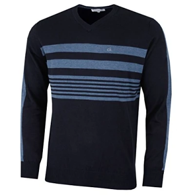 Image of Calvin Klein Mens V Neck Performance Soft Chest Stripe Sweater Navy