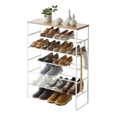 Image of Yamazaki 3369 TOWER 6 Tiered Shoe Rack with Wooden Top Board, White, Steel/Wood, Minimalist Design, 66 x 25 87 cm (LxWxH)