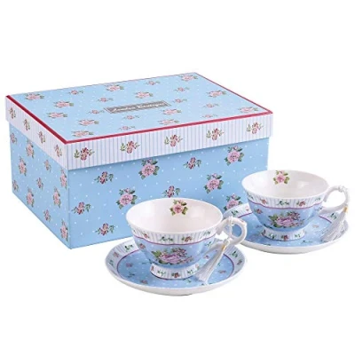 Image of London Boutique Tea Cup and Saucer set Afternoon New Bone China Vintage Flora Rose Porcelain Gift Box(Rose Blue 2)