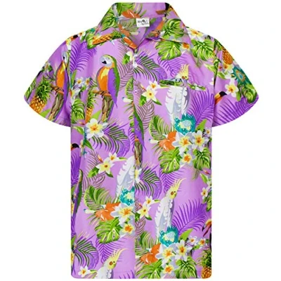 Image of King Kameha Mens Vintage Hawaiian Shirt Casual Short Sleeve Button Down Bird Designs, Parrot Cockatoo, Light Purple, M