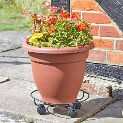 Image of Garden Mile® 2 Pack 35CM Plant Caddy Stands with Wheels Pot Trolley Metal Lockable Caster Heavy Duty Rolling Stand (metal Round)