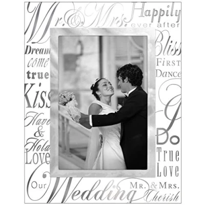 Image of Malden International Designs Mirrored Glass With Silver Metal Inner Border Mr. and Mrs. Picture Frame, 4x6,