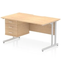 Image of Impulse 1400 x 800mm Scalloped Edge Straight Office Desk Maple Top Silver Cantilever Leg Workstation 1 3 Drawer Fixed Pedestal
