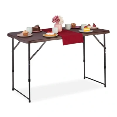 Image of Relaxdays Garden Table, Foldable, HWD: 53.5 x 120 60, Plastic, Steel, Weatherproof, Fits 6 People, Camping, Brown, 60 cm
