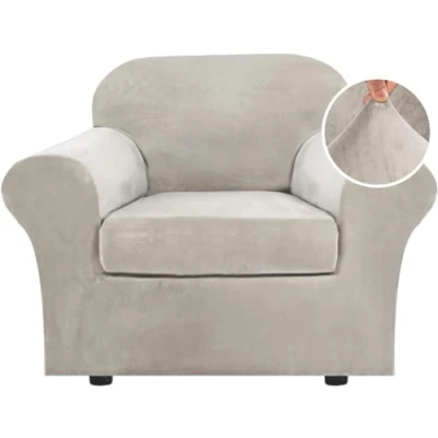 Image of LINGKY Velvet Sofa Cover 1 Seater With Separate Seat Cushion Covers, Stretch Couch Non Slip Slipcovers for Living Room Furniture Protector (Oatmeal,1 Seater)