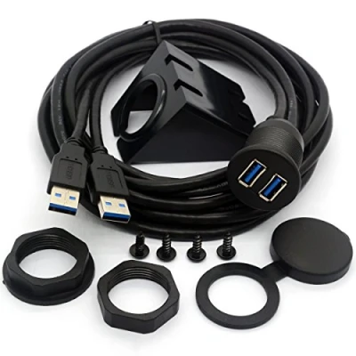 Image of HTGuoji USB 3.0 Flush Mount Cable, Dual Dash Panel Cable Male to Female Extension Code for Car Truck Boat Motorcycle Dashboard (2 Meter)