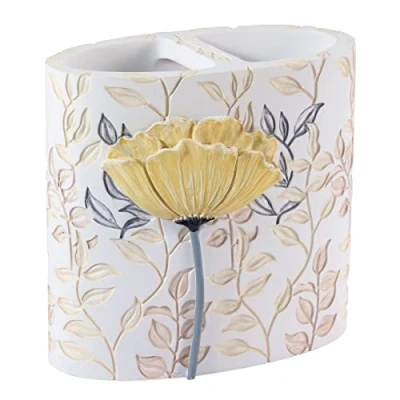 Image of Avanti Linens Toothbrush Holder, Countertop Accessories, Floral Bathroom Decor (Marielle Collection, Yellow)