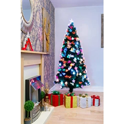 Image of SHATCHI 3Ft/90cm Fibre Optic Christmas Topper Hanging Pastel Stars &amp; Baubles Decorations Pre Lit Green Artificial Xmas Tree Multicolor Changing Lights, PVC, 3ft
