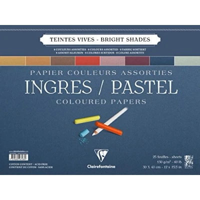 Image of Clairefontaine Ref 96588C Ingres Pastel Colour Wirebound Pad (25 Sheets) 30 x 40cm Size, Cotton Content, Acid Free, 130gsm Paper Assorted Bright Colours