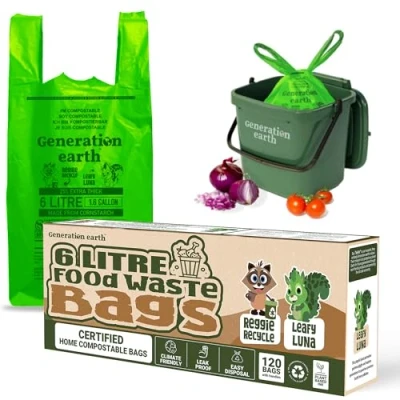 Image of Generation earth 120 6L Bags Tie Handle Home Compostable Food Waste Bags, Biodegradable Bin Caddy Liners, Extra Strong Kitchen Liners Recycling