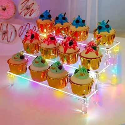 Image of Adifare Cupcake Stand with LED light 3 Tiers Cake Display String Acrylic Shelf Transparent Dessert Tower Table Top Decoration for Birthday Party Wedding Baby Shower