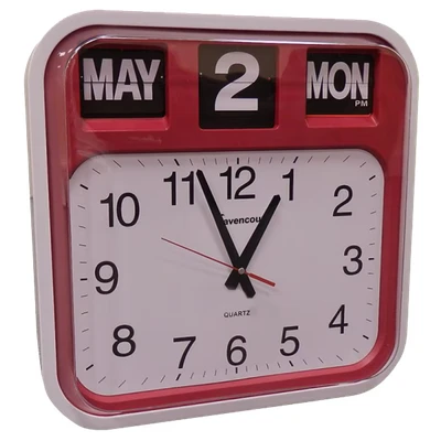 Image of Ravencourt Large Flip Calendar Wall Clock, Office Public Sector Style, Easy Read, High Contrast Clock Face, Dementia Care, size 42cm x 44cm c 10cm (Red)