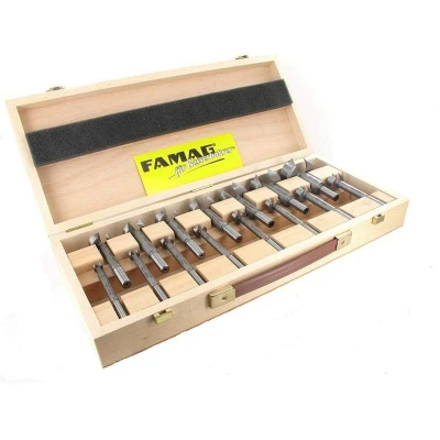 Image of FAMAG Cylinder Boring Bit, Carbide Tipped, Set of 10 Pieces 10, 15, 18, 20, 22, 25, 26, 30, 35, 40 mm, in Wooden Case, F166251000