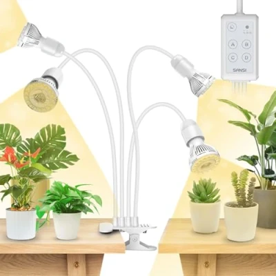 Image of SANSI 600W LED Grow Lights, 4 Head Full Spectrum Plant Lamp with Clip, 4000K Sunlike, Timer 4/8/12 Hrs for Indoor Seedlings Germination (Lifetime Free Bulb Replacements) White