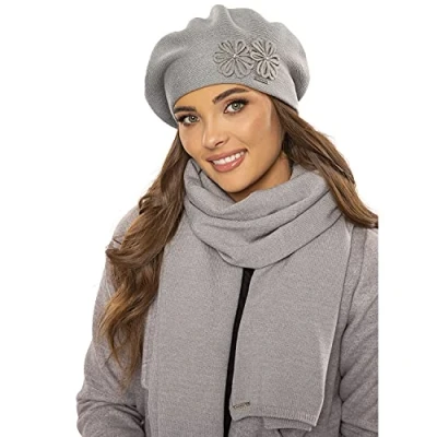 Image of Vivisence Elegant Women&#039;s Winter Set Beret and Scarf with Classic Design Floral Decoration Made of Warm Soft Fabric Wool Blend Ideal for Cold Days, Light Grey,UNI