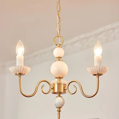 Image of BRRSKBK 5 Light French Country White Chandelier Antique Brass Candle For Foyer Vintage Gold Nordic Modern Hanging Pendant Bedroom Dining Table Kitchen Living Room Bathroom