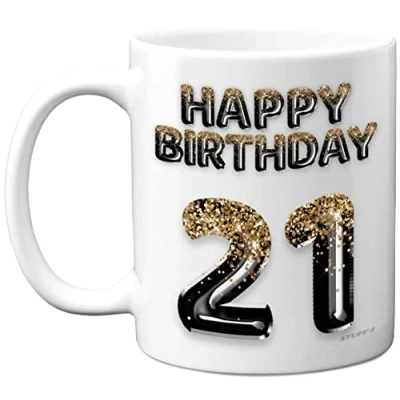 Image of 21st Birthday Gift for Men Black Gold Glitter Balloons Happy Mug Present 21 Year Old Son Brother Grandson Cousin Friend, 11oz Ceramic Dishwasher Safe Coffee Mugs Cup