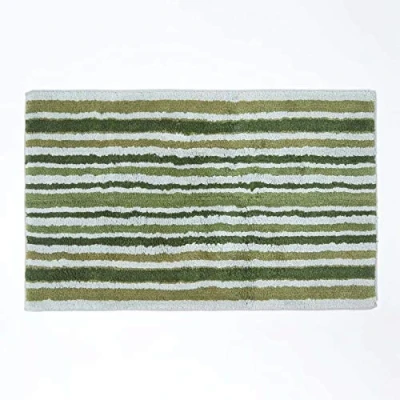 Image of HOMESCAPES Super Absorbent Soft 100% Cotton ‘Devon’ Green and White Bathmat with Striped Geometric Pattern Non Slip Latex Backing, 50 x 80 cm Large Shower Mat Machine Washable