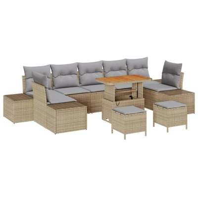 Image of vidaXL 10 Piece Garden Sofa Set with Cushions Beige Poly Rattan Acacia