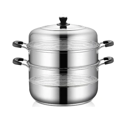Image of THEGA Stock Pot With Steamer Basket Home 3 Layer Steamer, 304 Stainless Steel Steamer/Soup Pot, 40CM Thickened Soup Lid, Compatible Inductor Gas Stove
