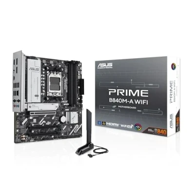 Image of ASUS PRIME B840M A WIFI AMD B840 mATX motherboard, DDR5, PCIe 4.0 Ready, three M.2 slots, Wi Fi 6E, Realtek 2.5Gb Ethernet, DisplayPort, HDMI, rear and front USB 5Gbps Type C support, BIOS FlashBack