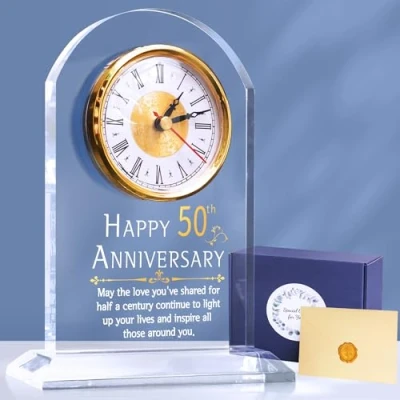 Image of OkiyiD 50th Anniversary Wedding Gift, Quartz Clock, Desk Table 50 Years of Marriage, Golden for Couple, Parents, Grandparents (50th Anniversary)