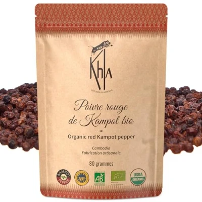Image of Khla Red Kampot Pepper 80g Organic Peppercorns Premium Cambodian Grand Cru, Mild &amp; Fruity for Grinder Refill Direct from Producer Limited Production Origin Cambodia