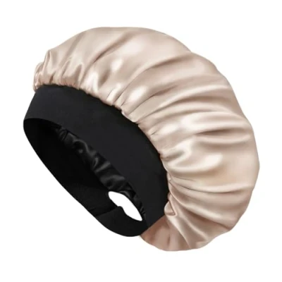 Image of Hat Hut Satin Bonnet Silk Sleep Cap for Women Hair Curly Sleeping Adjustable Wide Band Double Layer (A08 Champagne)