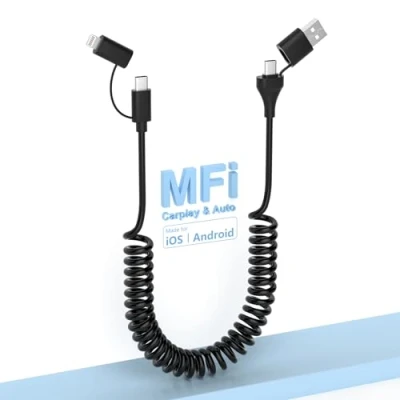 Image of 4 in 1 USB C and Lightning Cable [MFi Certified]60W Fast Charging &amp; Data Sync Apple CarPlay Android Auto,Coiled Multi Combo Lightning/Type C/USB A Ports for iPhone/Android/iPad/Laptop
