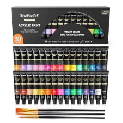 Image of Shuttle Art Acrylic Paint Set, 30 x 12ml Tubes Artist Quality Non Toxic Rich Pigments Colours Great for Kids Adults Professional Painting on Canvas Wood Clay Fabric Ceramic Crafts