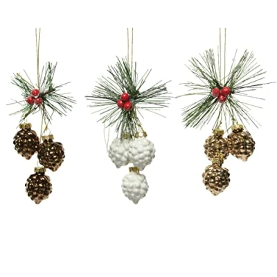 Image of Traditional Nuts &amp; Berries Christmas Tree Baubles/Decorations Hand Blown Glass Set of 3 with Green Pine/Red Berry Detail 4 cm