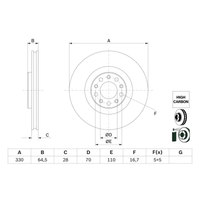 Image of 50532932 Brake disc BOSCH 0 986 479 E88 330mm 28mm 5 110mm Vented Coated High carbon ALFA ROMEO: Giulia Saloon, Stelvio