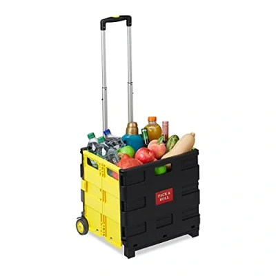 Image of Relaxdays Folding Shopping Trolley, Telescopic Handle, 2 Rubber Wheels, Transport Cart, Aluminium, Yellow, 98 x 45.5 37 cm
