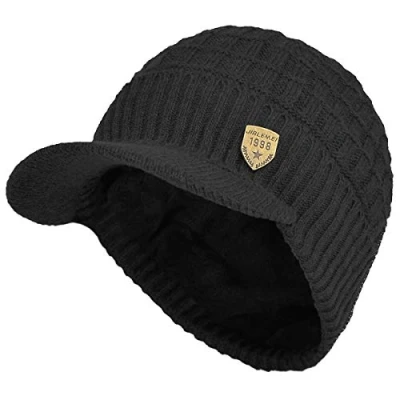 Image of Yixda Men&#039;s Winter Hat with Peak Warm Knitted Beanie Cap Fleece Lining Black One size