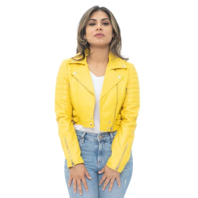 Image of Ladies Cropped Jacket Short Body Gothic Top Yellow Chic Biker REAL LEATHER S