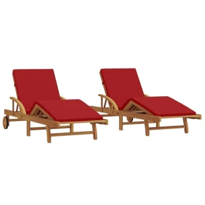 Image of vidaXL Sun Loungers 2 Pieces with Cushions and Wheels Red Solid Acacia Wood