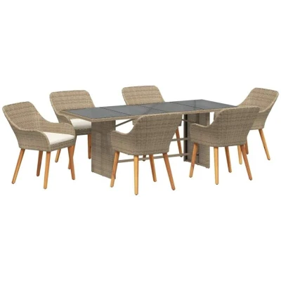 Image of vidaXL 7 Piece Garden Dining Set Beige Poly Rattan