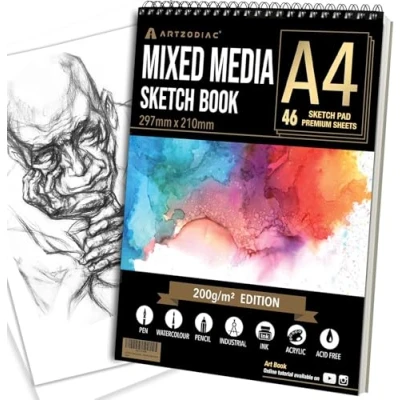 Image of ARTZODIAC Sketch Book, A4 Drawing Pad, Mix Media Sketchbook, 200gsm Thick Art Paper, 46 Sheets 92 Pages, Spiral Bound, Marker, Acrylic, Watercolour, Painting, pad for Kids, Gift Artist