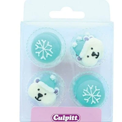 Image of Culpitt Arctic Sugar Decorations, Edible Royal Icing Festive Polar Bear and Snowflake Winter Cake Cupcake Toppers, Blue, Pack of 12