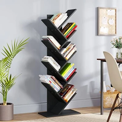 Image of YITAHOME Tree Bookshelf, Floor Standing Book Shelf, Tall Industrial Wooden Shelves Bookcase, Display Storage Shelving Units for Living Room Home Office Black Bookshelf