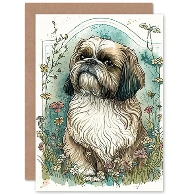 Image of Artery8 Shih Tzu Dog with Wildflowers Modern Art Nouveau Inspired Illustration Birthday Sealed Greeting Card Plus Envelope Blank inside
